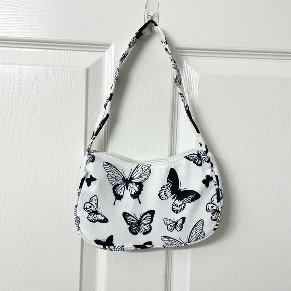 White Butterfly Shoulder Bag Y2K Mini Purse Zip Closure - Picture 4 of 7